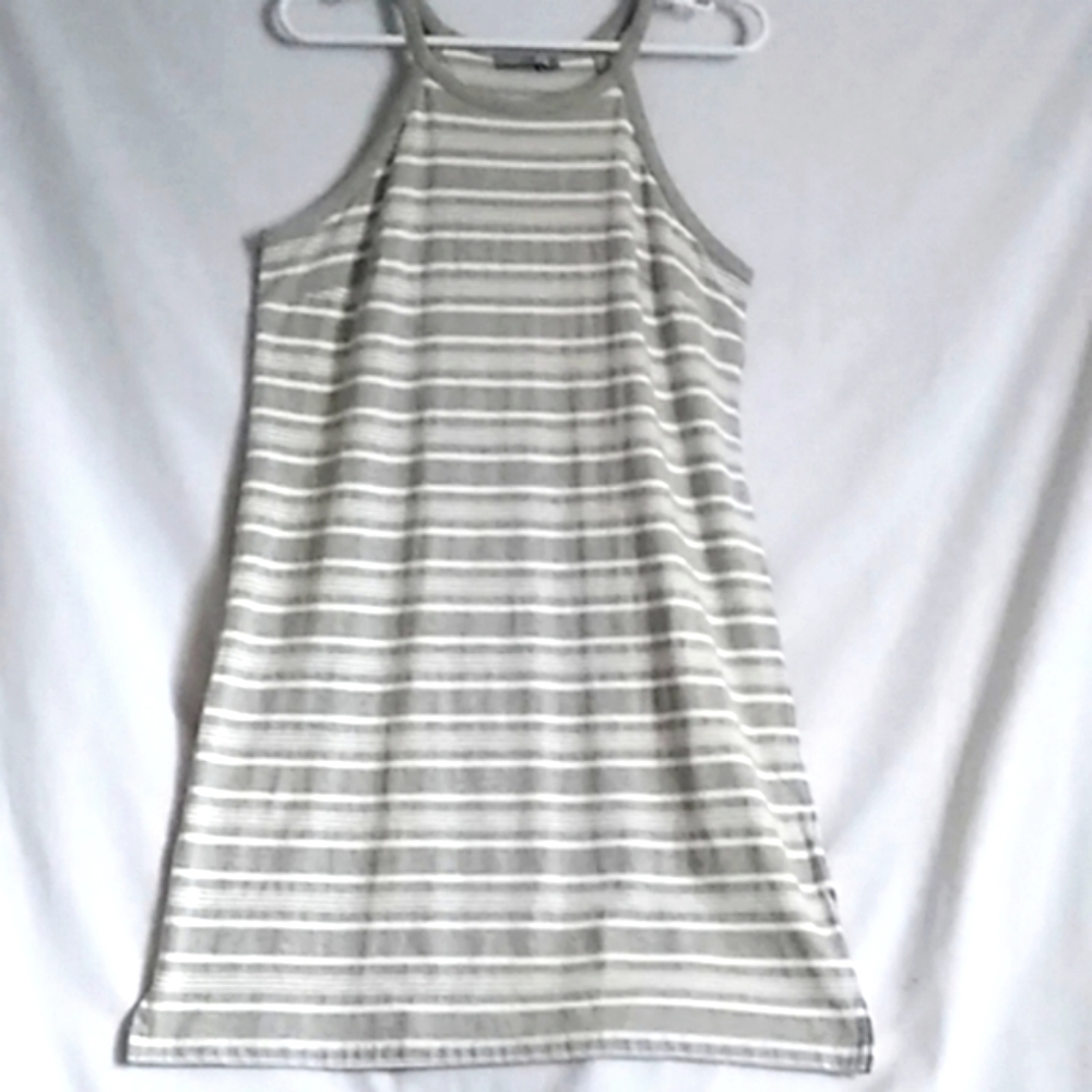 Dalia Striped Tank Dress A-line Gray White Tee Dress Cotton Blend High Neck